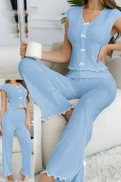 Blue Ribbed Sleeveless Lounge Set