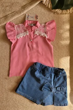 Pink Lace Top with Denim Shorts