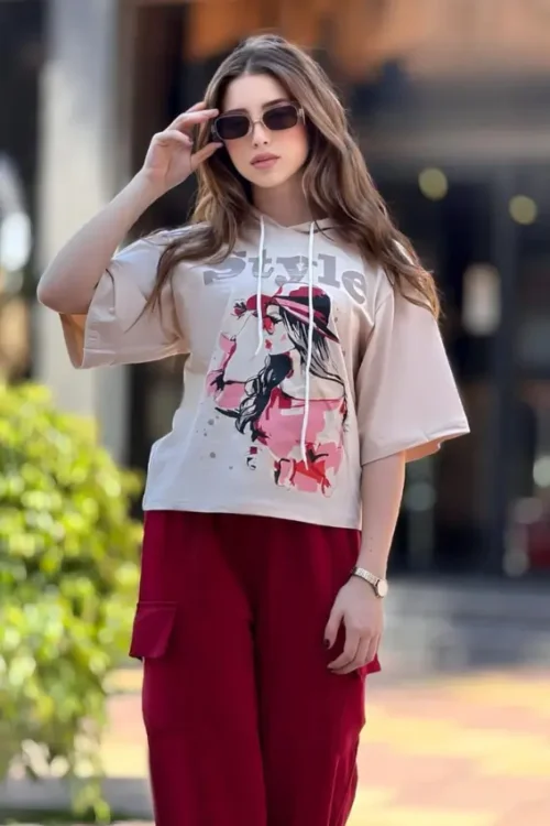 Graphic Tee with Red Wide-Leg Pants - Image 2