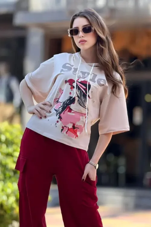 Graphic Tee with Red Wide-Leg Pants - Image 3