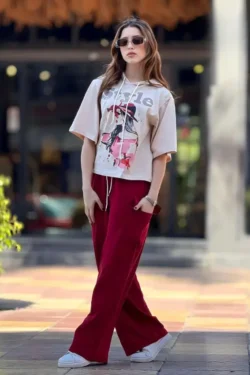 Graphic Tee with Red Wide-Leg Pants