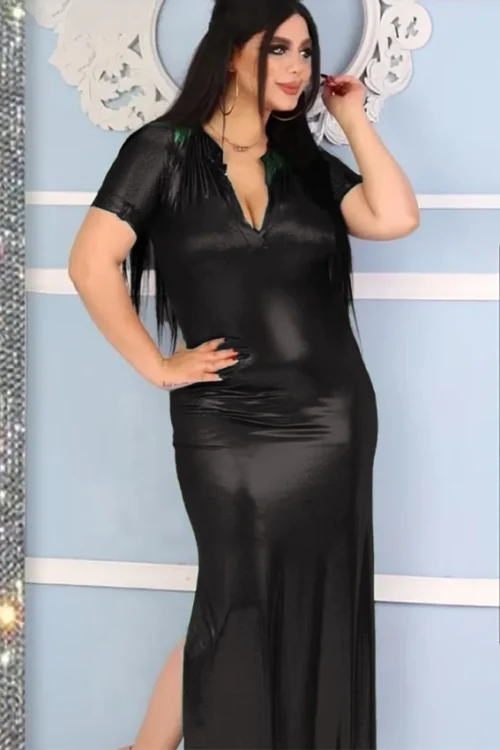Shiny Short Sleeve Green Dress - Image 2