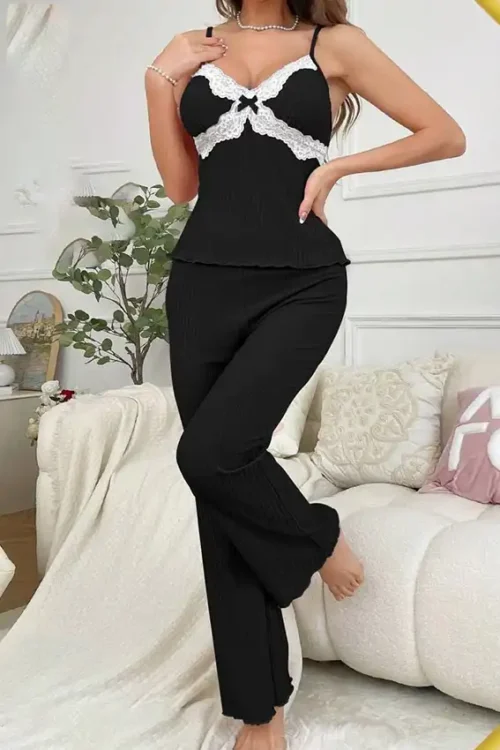 Elegant Lace Trim Pajama Set - Image 3