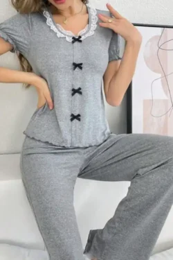 Elegant Gray Short Sleeve Pajama Set