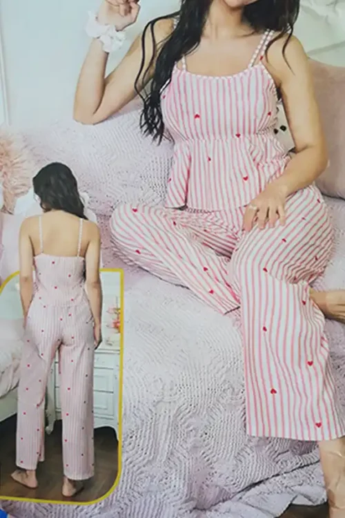 Striped Heart Print Sleeveless Pajama Set