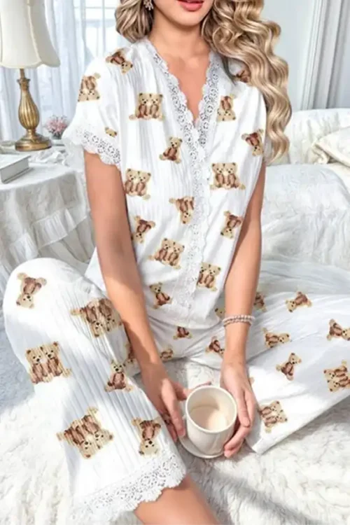 Teddy Print Short Sleeve Pajama Set