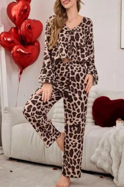 Leopard Print Ruffle Sleeve Pajama Set
