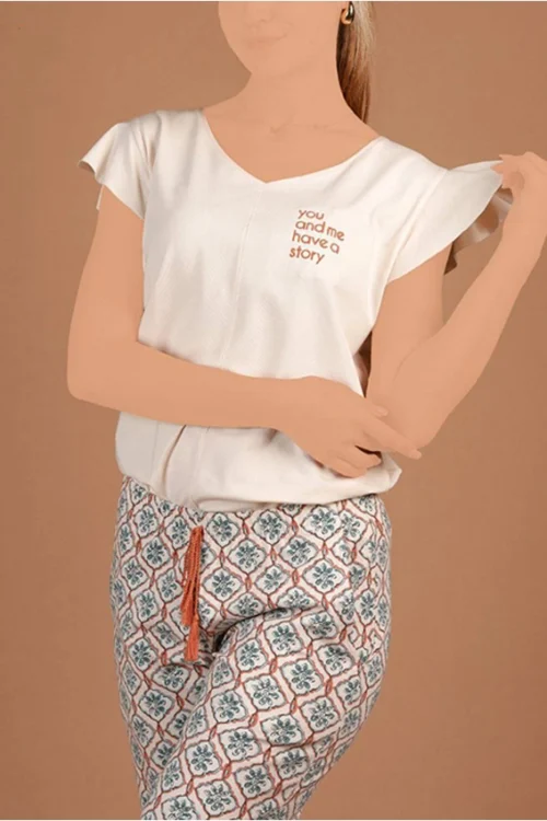 Patterned Cap Sleeve Pajama Pants Set - Image 2