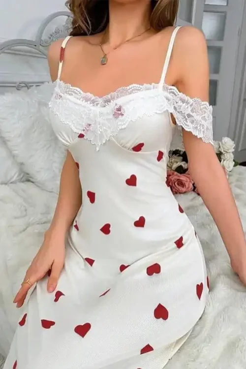 Heart Patterned Dress with Lace Sleeves - Image 2