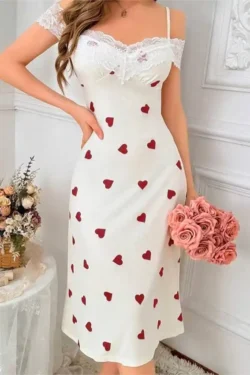 Heart Patterned Dress with Lace Sleeves