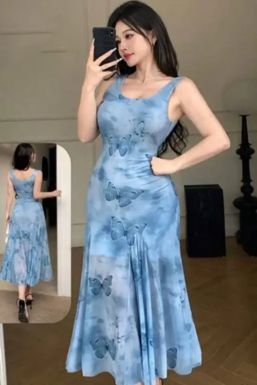 Elegant Butterfly Pattern Sleeveless Dress - Image 2