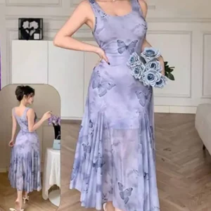 Elegant Butterfly Pattern Sleeveless Dress
