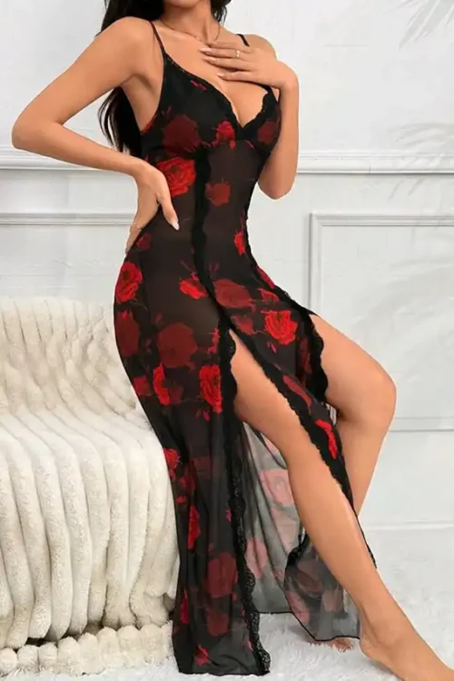 Floral Lace Nightgown with Spaghetti Straps - Image 2