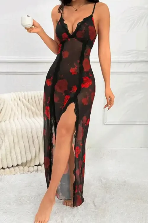 Floral Lace Nightgown with Spaghetti Straps