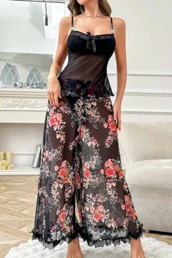 Floral Sheer Sleeveless Wide-Leg Pants