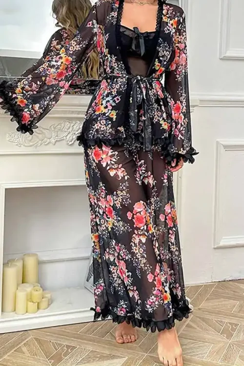 Floral Sheer Sleeveless Wide-Leg Pants - Image 3