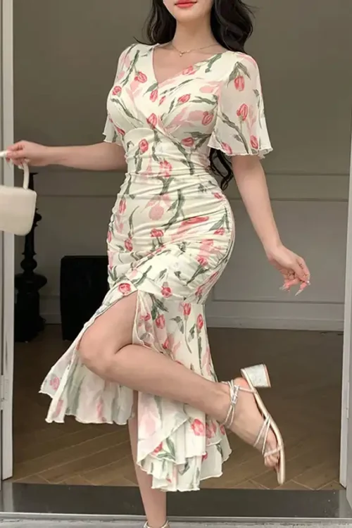 Floral Wrap Dress with Flutter Sleeves