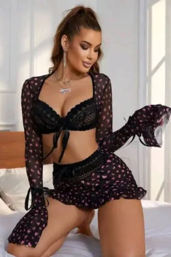 Heart Pattern Long Sleeve Lingerie Set