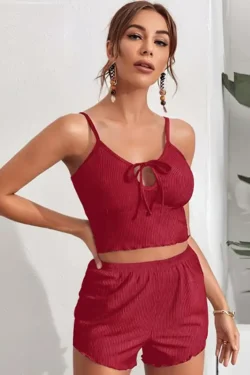 Ribbed Sleeveless Red Shorts Set