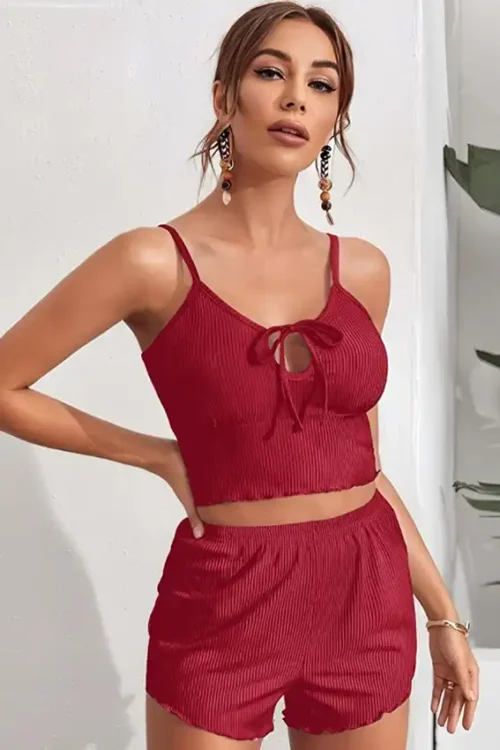 Ribbed Sleeveless Red Shorts Set