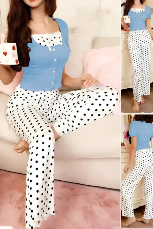 Polka Dot Pajama Set with Cap Sleeves - Image 5