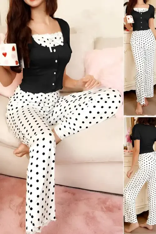 Polka Dot Pajama Set with Cap Sleeves - Image 3