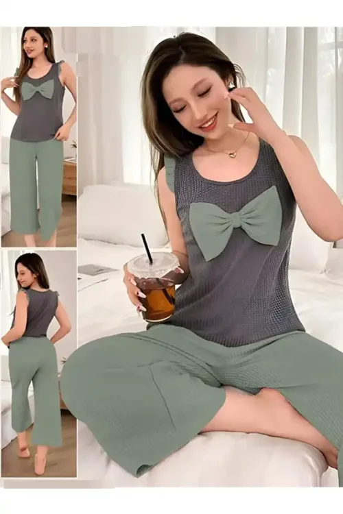 Sleeveless Bow Top with Wide Pants
