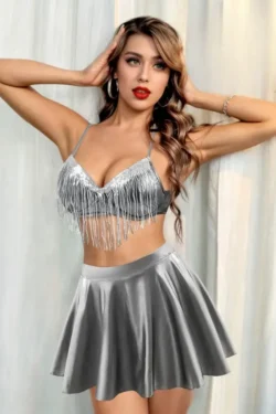 Silver Fringe Crop Top and Skirt Set