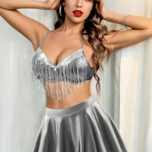 Silver Fringe Crop Top and Skirt Set