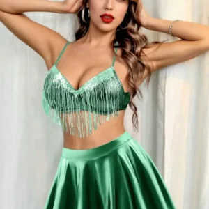 Silver Fringe Crop Top and Skirt Set