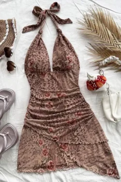 Leopard Halter Backless Dress