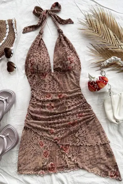 Leopard Halter Backless Dress