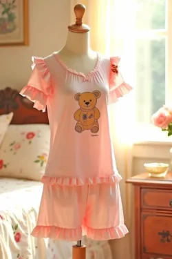 Adorable Ruffle Sleeve Teddy Pajama Set