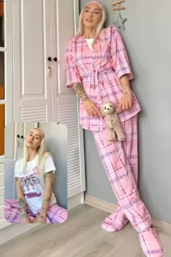 Pink Plaid Pajama Set with Tie