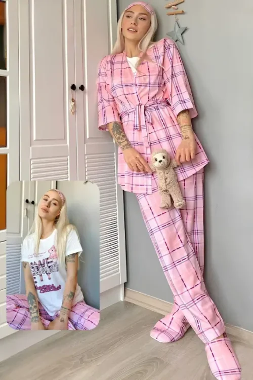 Pink Plaid Pajama Set with Tie