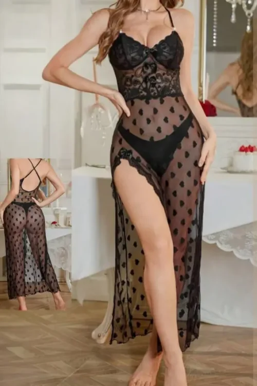 Sheer Heart Pattern Lingerie Dress