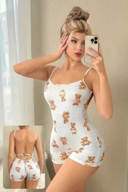 Cute Teddy Pattern Sleeveless Romper