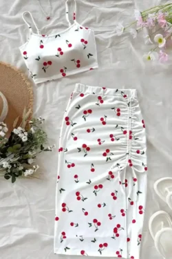 Cherry Print Sleeveless Crop Top Set