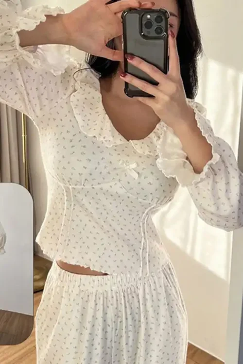 Floral Long Sleeve Ruffle Pajama Set