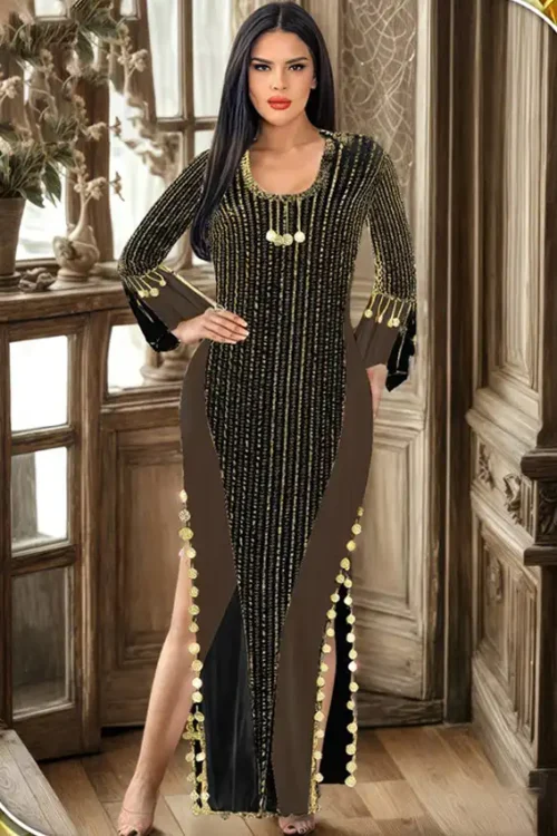 Elegant Gold-Embellished Bell Sleeve Dress
