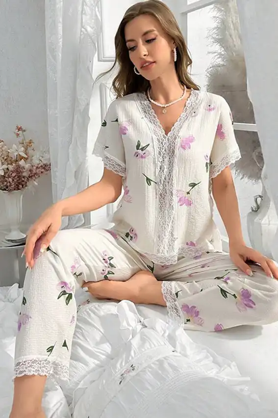 Floral Lace Trim Pajama Set