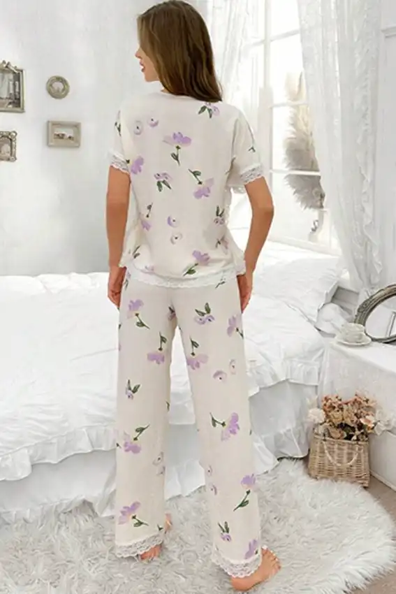 Floral Lace Trim Pajama Set