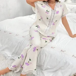 Floral Lace Trim Pajama Set