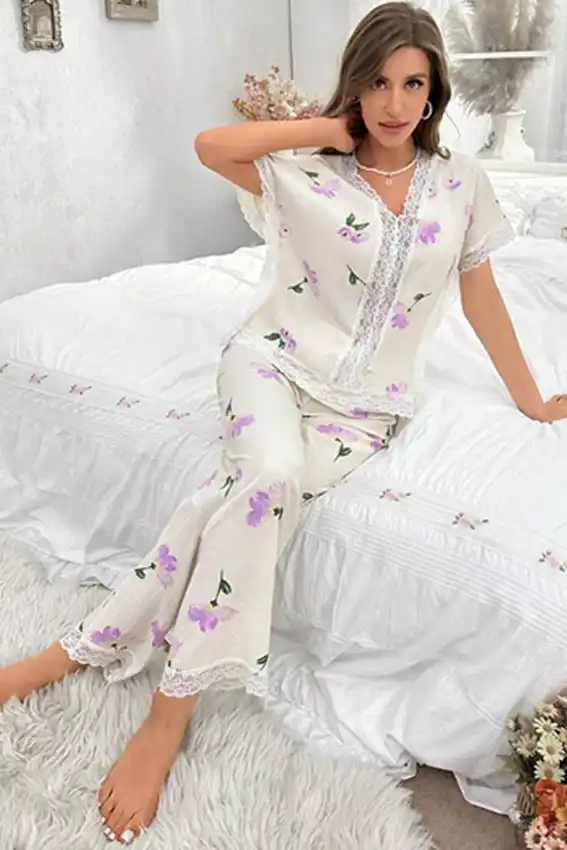 Floral Lace Trim Pajama Set