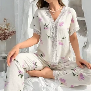 Floral Lace Trim Pajama Set