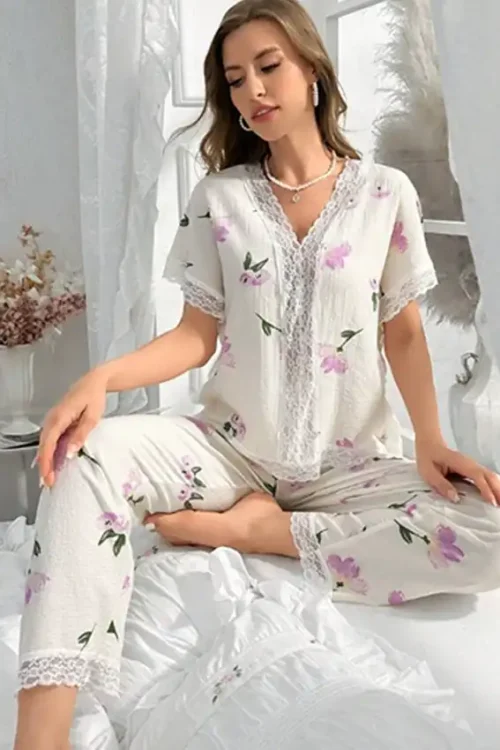 Floral Lace Trim Pajama Set