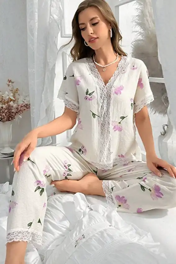 Floral Lace Trim Pajama Set