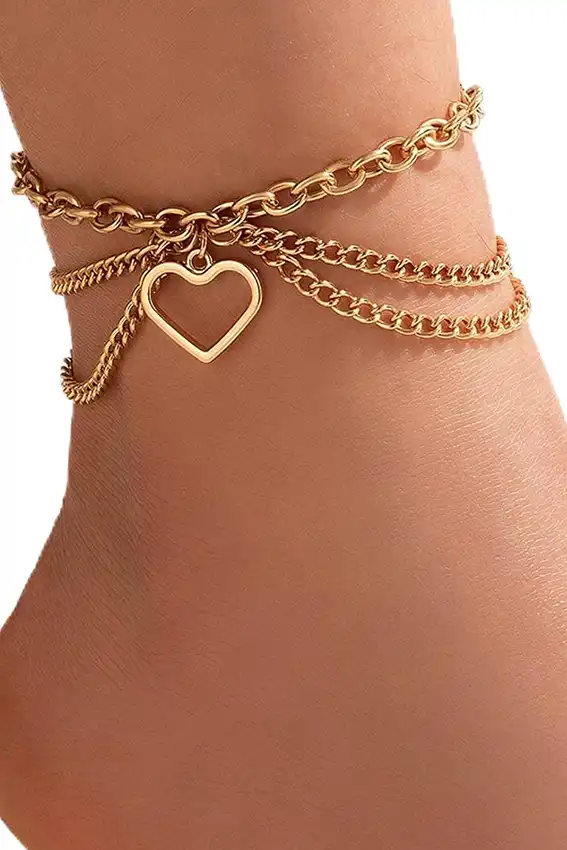 Golden Heart Charm Layered Anklet