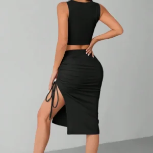 Black Ruched Two Piece Crop Top and Midi Skirt Set