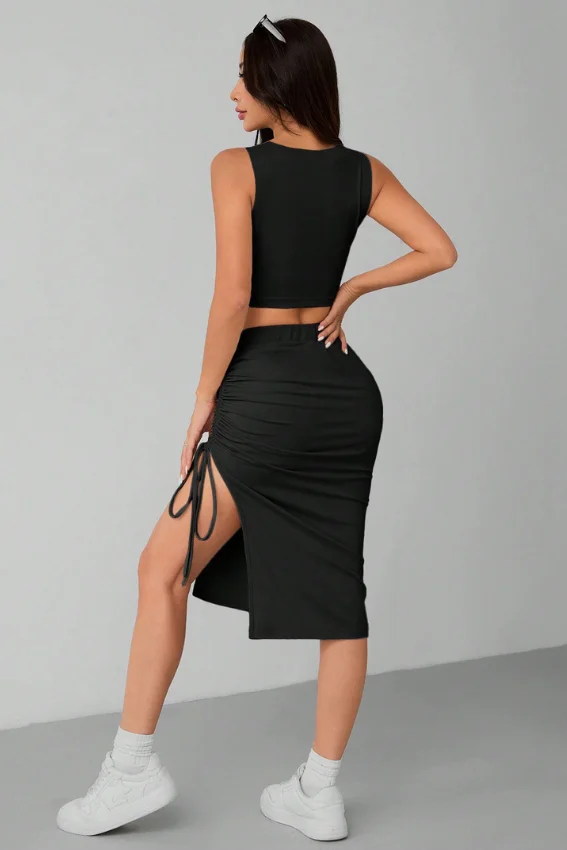 Black Ruched Two Piece Crop Top and Midi Skirt Set